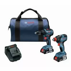 Brand new 🤩 Factory Reconditioned Bosch GXL18V-240B22-RT 18V Brushless Lithium-Ion 1/2 In. 🔨 Hammer Drill Driver And 1/4 In. And 1/2 In. 2-in-1 Bit/Socket Impact Driver Combo Kit With 2 Batteries (2 Ah) 🛒